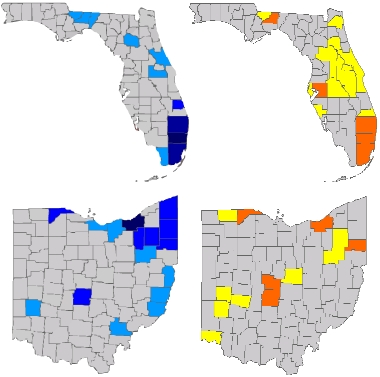 Above are maps of electronic voting machine incidents reported to the EIRS. On the left are county maps of Florida and Ohio, showing the Democratic-voting counties in shades of blue proportional to the population, and on the right are maps with the machine incidents in yellow, orange, and red.   Electronic voting machines were primarily placed in Democratic counties. In Democratic counties in Ohio with voting machine problems, there were, on avg., over 8 times as many machine problem reports per voter than there were in other counties.